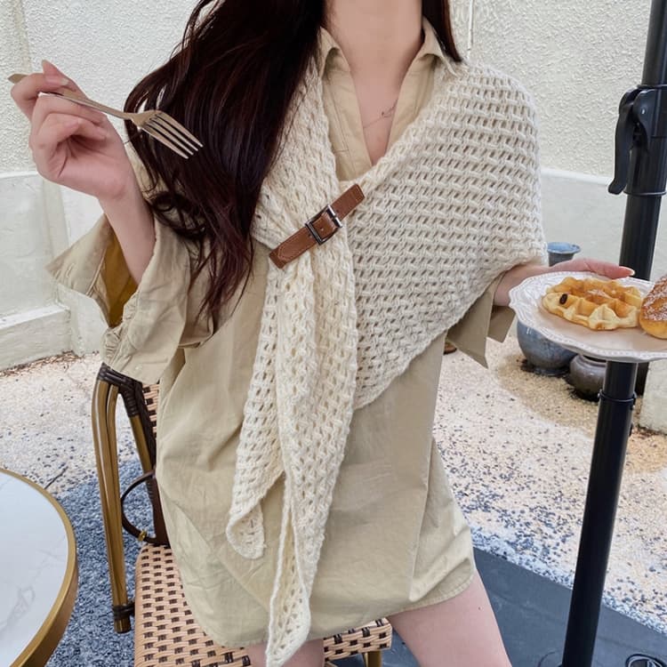 Hollow Leather Buckle Big Triangle Shawl Warm Scarf Split Triangle Scarf(Creamy-white)