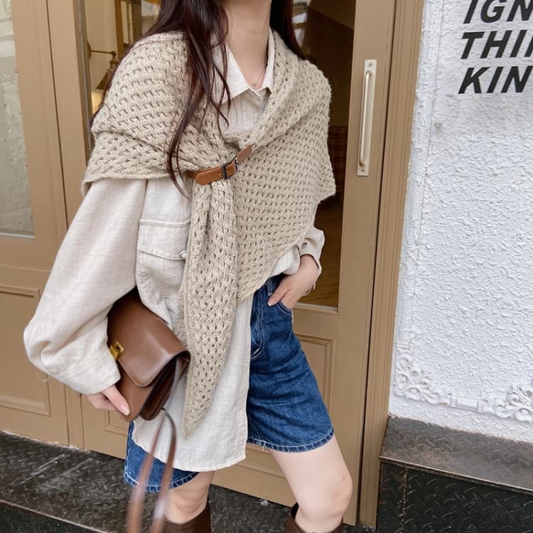 Hollow Leather Buckle Big Triangle Shawl Warm Scarf Split Triangle Scarf(Khaki)
