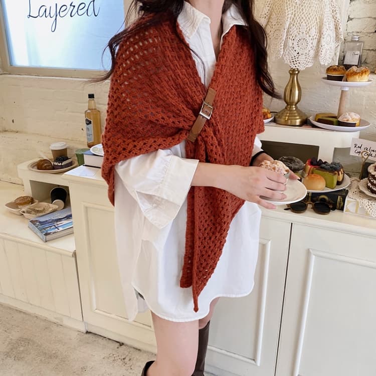 Hollow Leather Buckle Big Triangle Shawl Warm Scarf Split Triangle Scarf(Orange)