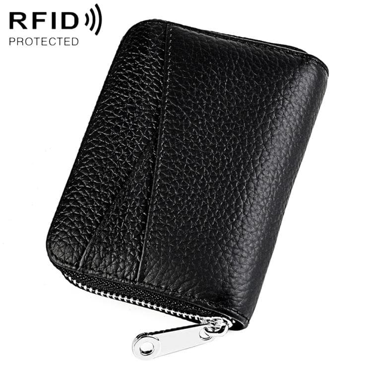 KB20 RFID Genuine Leather Zipper Coin Card Bag(Black)