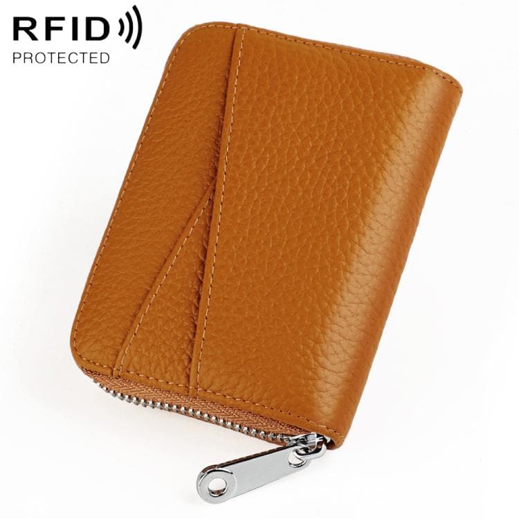 KB20 RFID Genuine Leather Zipper Coin Card Bag(Caramel)