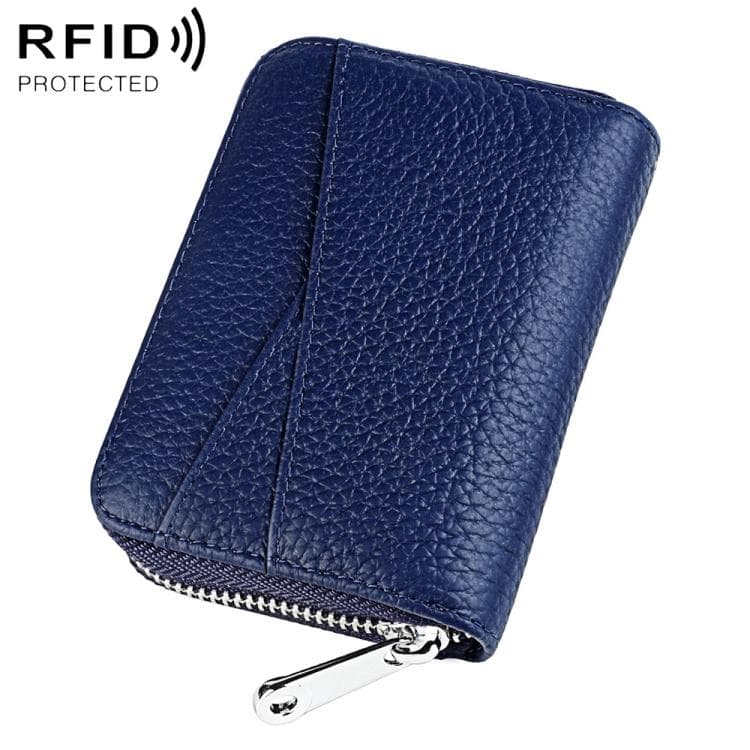 KB20 RFID Genuine Leather Zipper Coin Card Bag(Dark Blue)