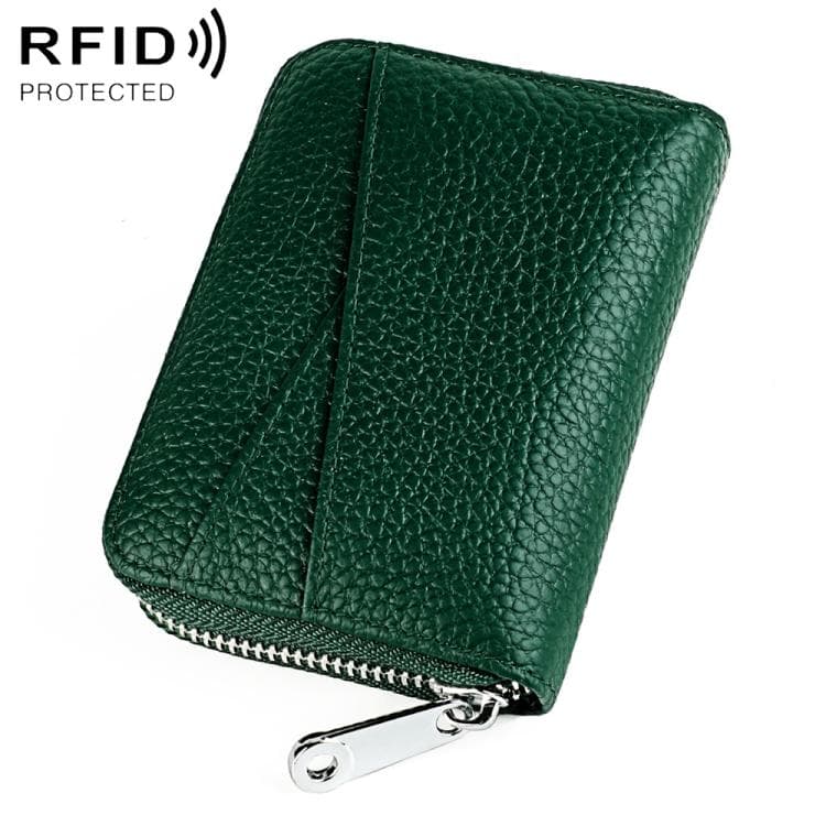 KB20 RFID Genuine Leather Zipper Coin Card Bag(Dark Green)