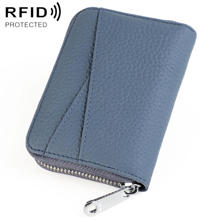 KB20 RFID Genuine Leather Zipper Coin Card Bag(Denim Blue)
