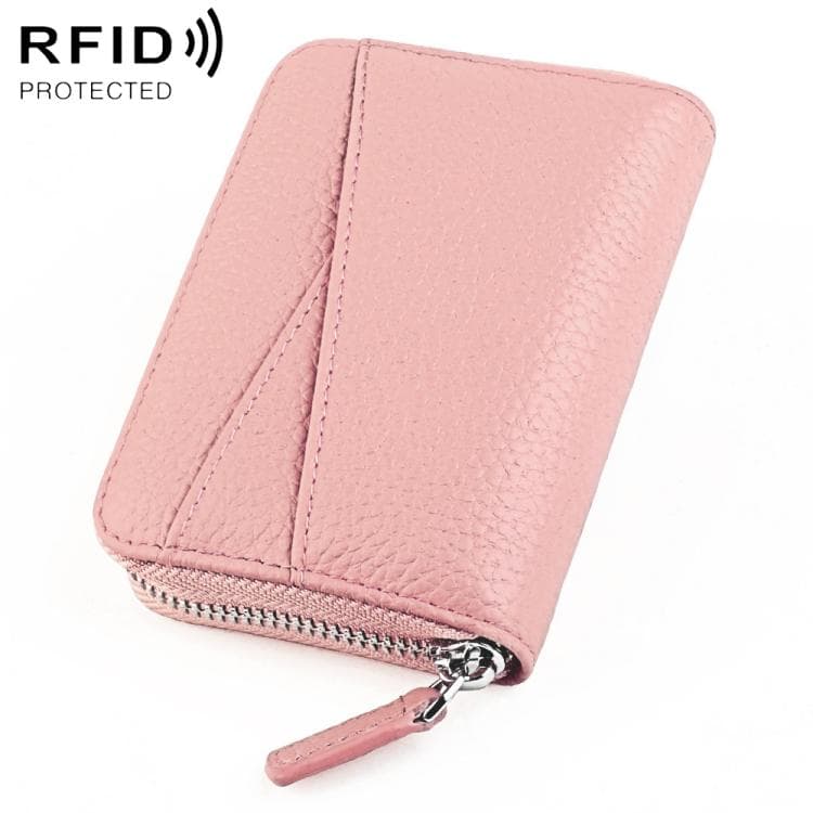 KB23 RFID Accordion Multi-card Slot Genuine Leather Zipper Card Bag(Pink)