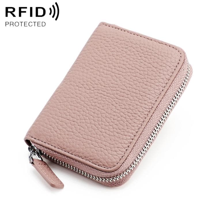 KB28 RFID Anti-theft Genuine Leather Zipper Coin Purse(Bean Pink)