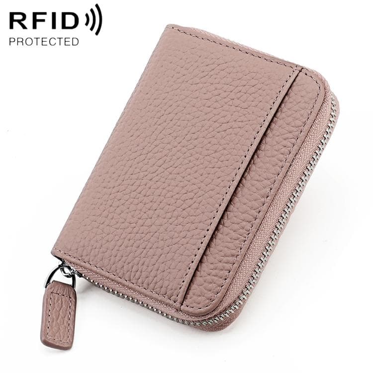 KB29 Genuine Leather RFID Zipper Accordion Card Holder(Bean Pink)