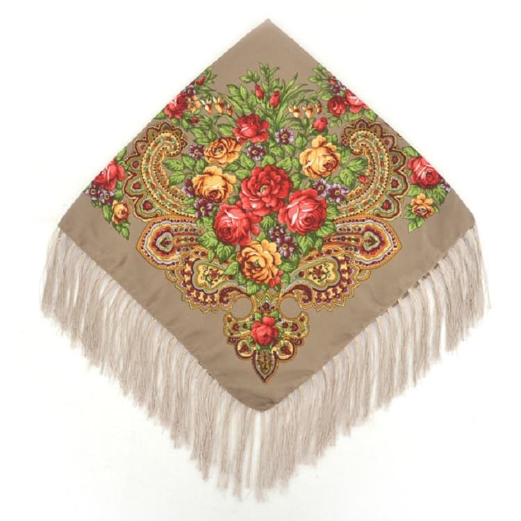 Sciarpa quadrata retrò etnica in stile khaki con frange e motivo floreale, taglia: 90 x 90 cm