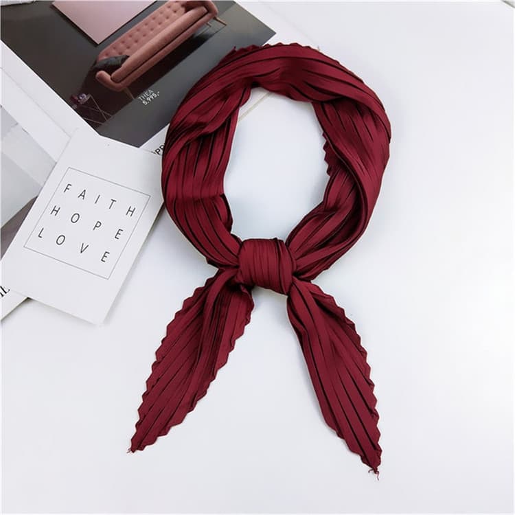 Ladies Retro Style Pleated Diamond Square Scarf Silk Scarf, Length: 70cm(Red Wine)