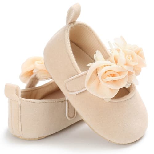 Scarpine morbide per neonata con fiore, antiscivolo, pre-deambulazione (Beige)