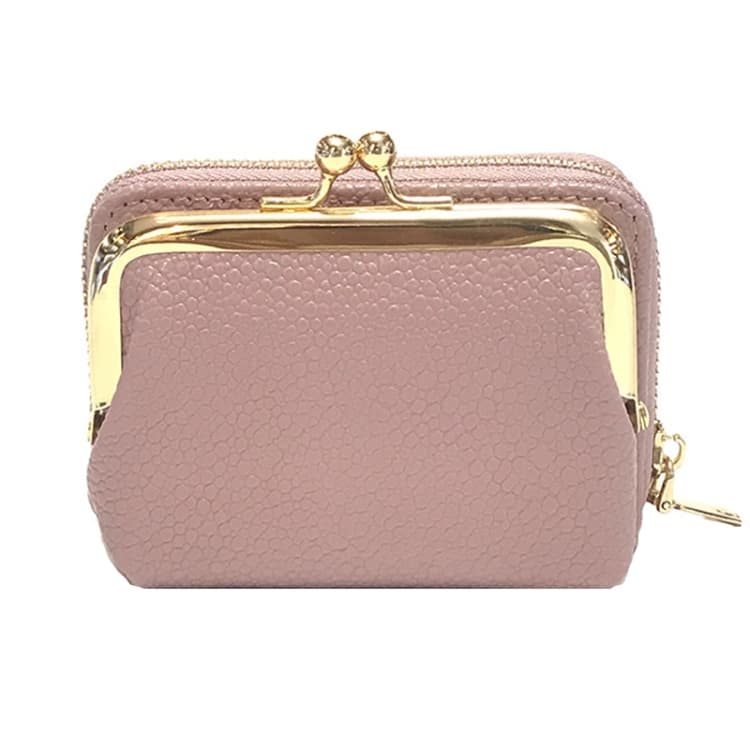 Lychee Pattern Coin Purse Card Clip Ladies Short Metal Clip Buckle Wallet(Pink)