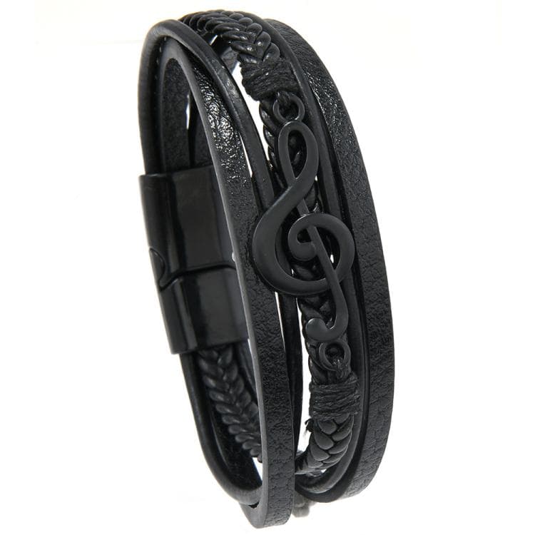 Bracciale in pelle intrecciata da uomo con motivo di note musicali, chiusura magnetica a strati multipli per uso casual e stile (Nero)