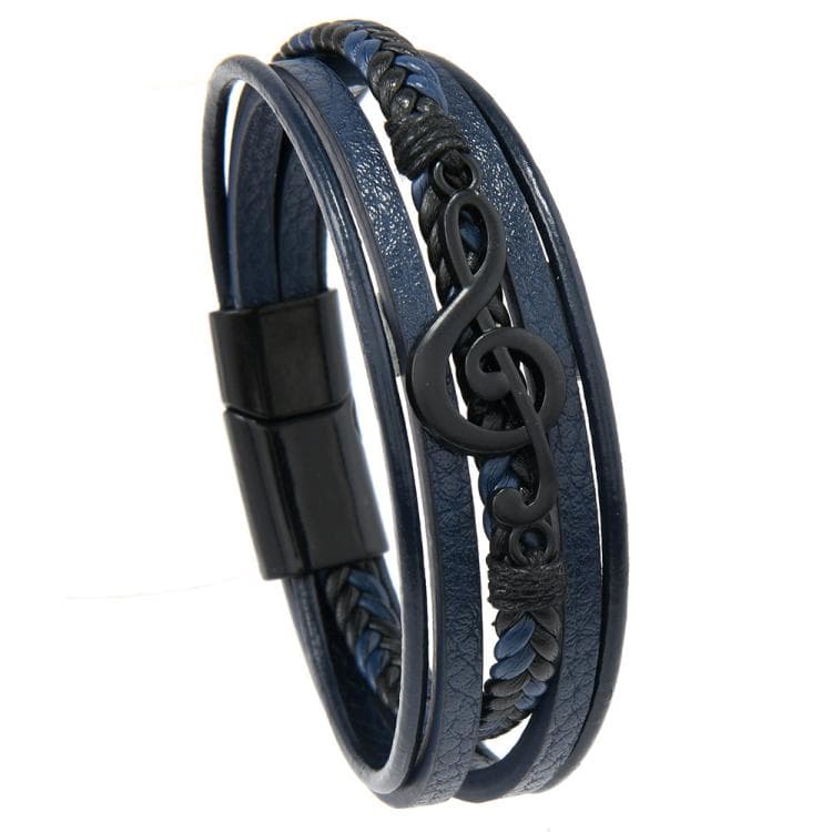 Bracciale in pelle intrecciata da uomo con motivo di note musicali, chiusura magnetica a strati multipli per uso casual e stile (blu profondo)
