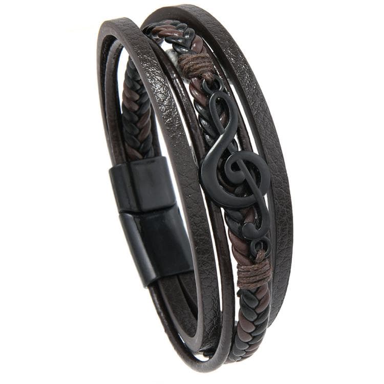 Bracciale in pelle intrecciata da uomo con motivo di note musicali, chiusura magnetica a strati multipli per un look casual e stiloso (marrone scuro)