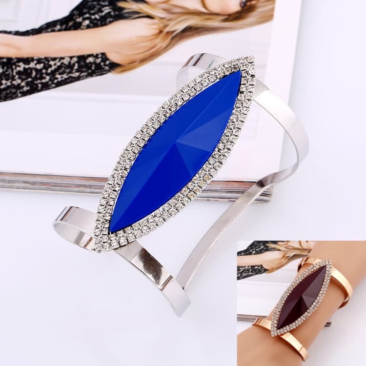 Bracciali in metallo per donna, bracciale regolabile in resina con mosaico di cristalli, liscio e largo, apertura regolabile (argento blu)