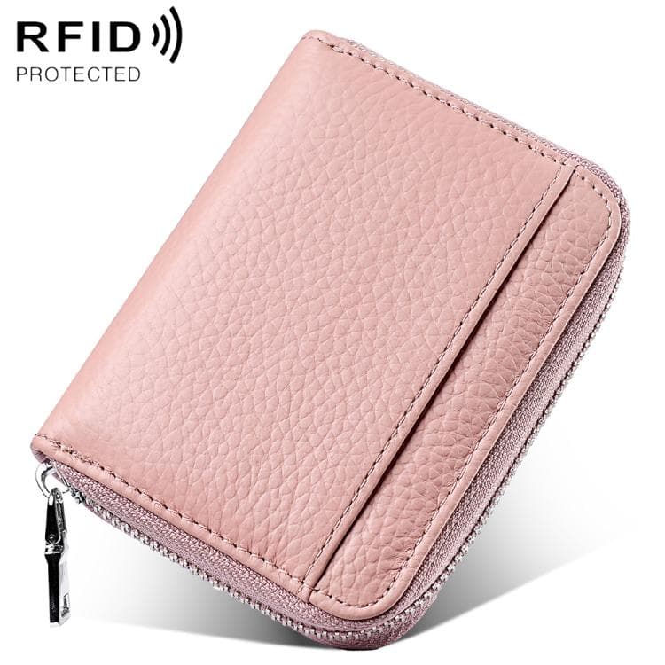 Mini RFID Anti-theft Genuine Leather Zipper Card Bag(Pink)