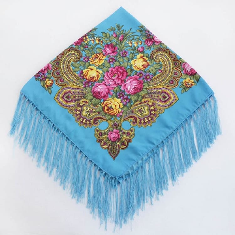Foulard quadrato blu pavone etnico retrò con nappe, motivo floreale, taglia: 90 x 90 cm