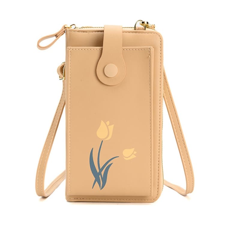 Printed Single Shoulder Crossbody Bag Ladies Long Flower Cell Phone Bag(Apricot)