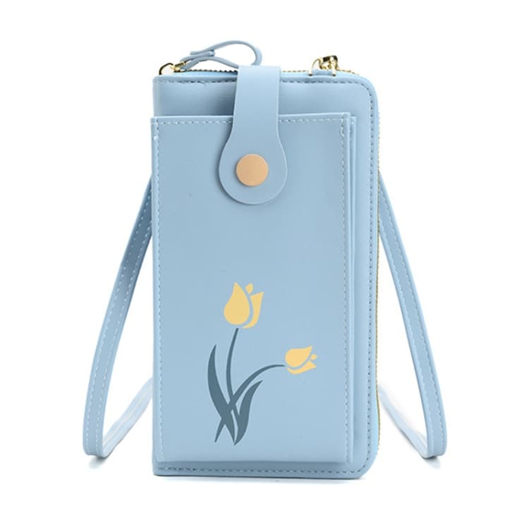 Printed Single Shoulder Crossbody Bag Ladies Long Flower Cell Phone Bag(Blue)