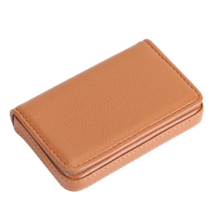 PU Leather Metal Business Card Holder Magnetic Lychee Stainless Steel Business Card Case(Apricot)