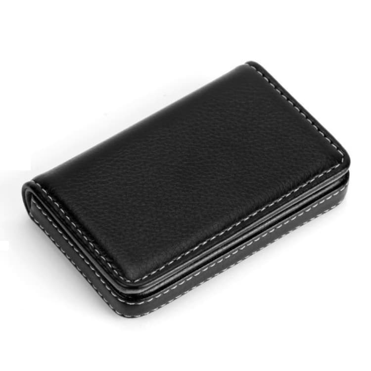 PU Leather Metal Business Card Holder Magnetic Lychee Stainless Steel Business Card Case(Black)