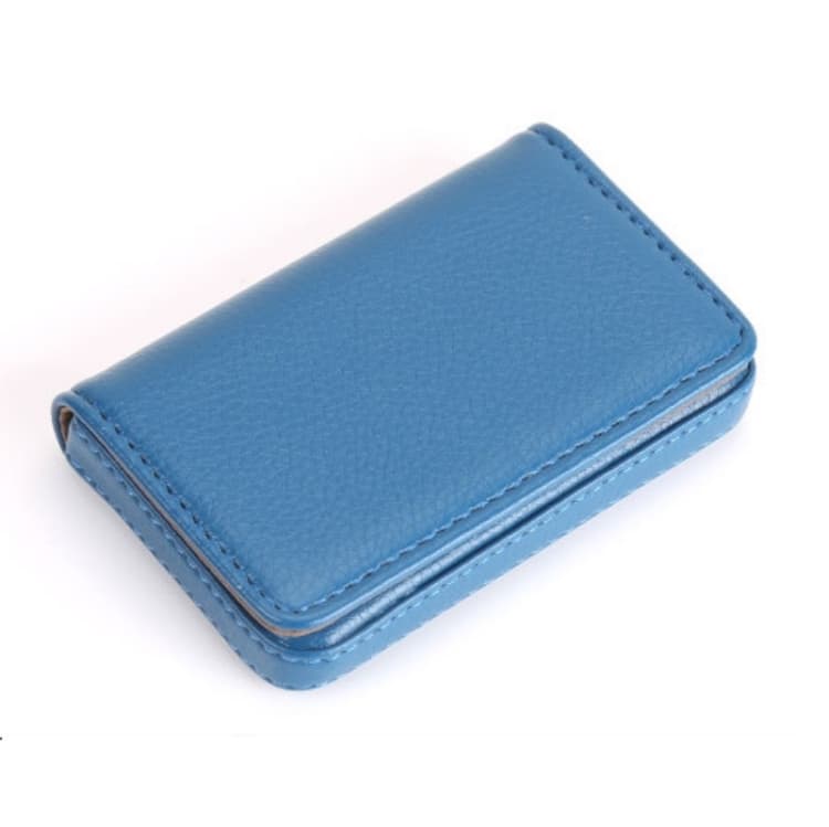 PU Leather Metal Business Card Holder Magnetic Lychee Stainless Steel Business Card Case(Blue)