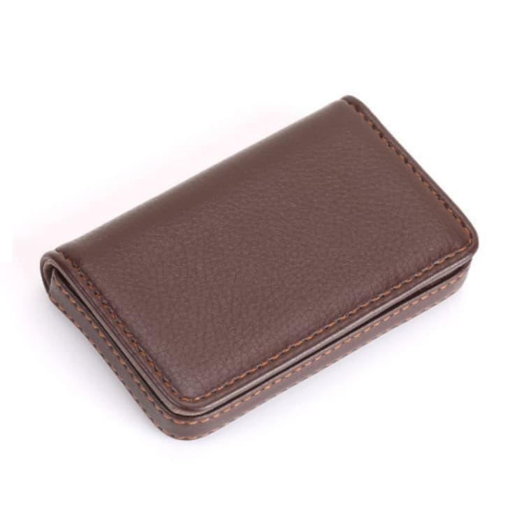 PU Leather Metal Business Card Holder Magnetic Lychee Stainless Steel Business Card Case(Brown)