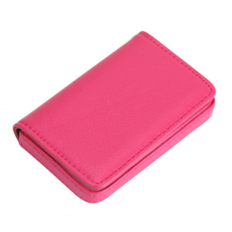 PU Leather Metal Business Card Holder Magnetic Lychee Stainless Steel Business Card Case(Rose Red)
