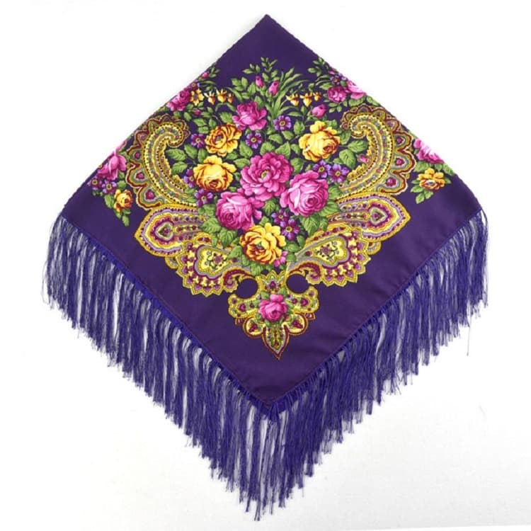 Foulard quadrato retrò etnico viola con frange e motivo floreale, taglia: 90 x 90 cm