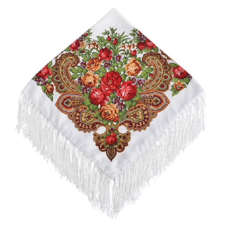 Fazzoletto quadrato etnico stile retrò con fiore rosso su fondo bianco, frange, motivo floreale, 90 x 90 cm