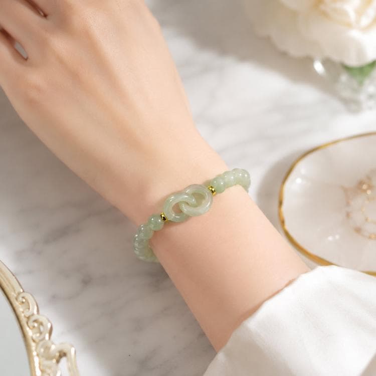 Bracciale con perline in giada simulata, elegante gioiello in vetro verde per donna (doppio anello intrecciato)