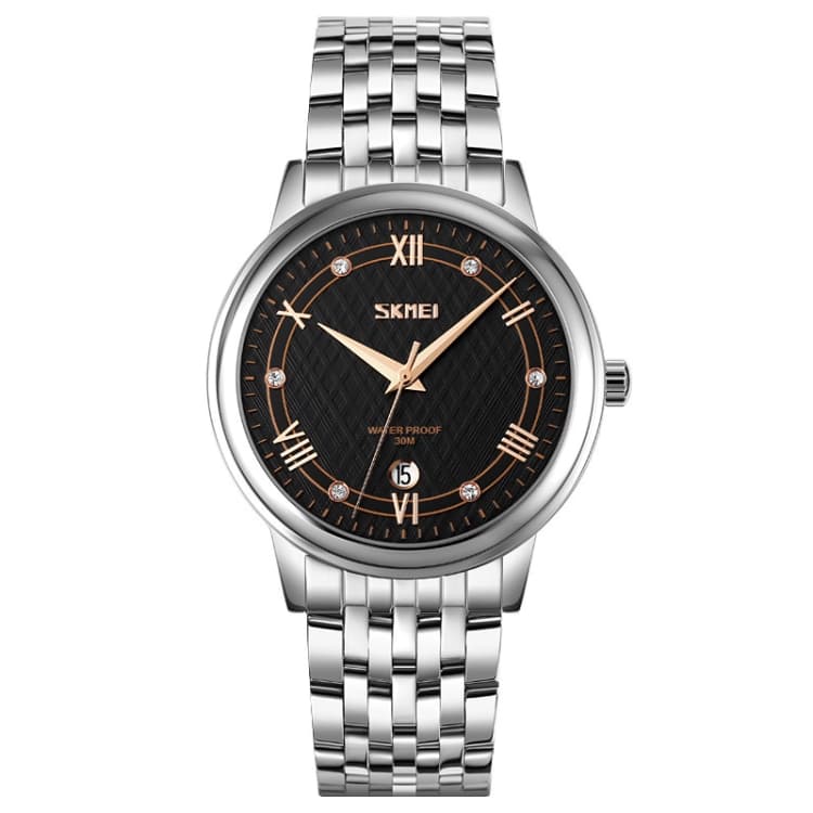 SKMEI 9272 Stainless Steel Buckle Strap Waterproof Quartz Watch Man(Silver Shell Black Surface)
