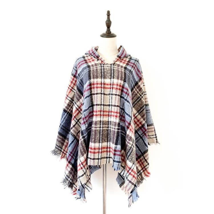 Spring Autumn Winter Checkered Pattern Hooded Cloak Shawl Scarf, Length (CM): 135cm(DP-01 Blue Red)