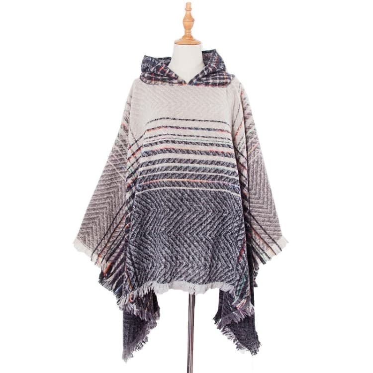 Spring Autumn Winter Checkered Pattern Hooded Cloak Shawl Scarf, Length (CM): 135cm(DP4-06 Grey)