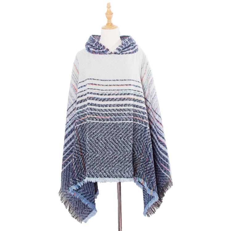 Spring Autumn Winter Checkered Pattern Hooded Cloak Shawl Scarf, Length (CM): 135cm(DP5-05 Blue)
