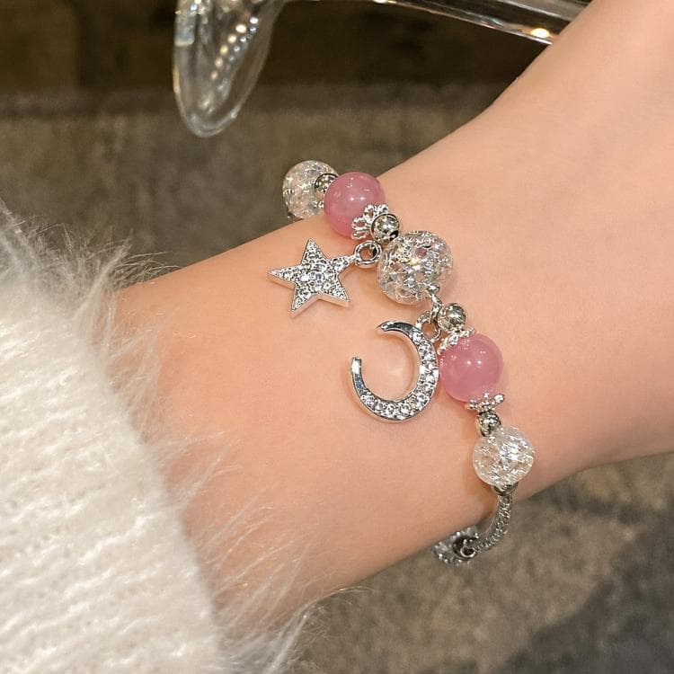 Bracciale con perle di quarzo fragola Luna Stella, accessorio con frange per donna (M697)