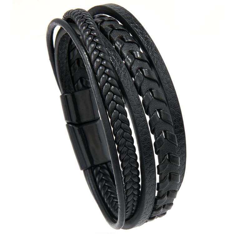 Bracciale in pelle intrecciata minimalista fatto a mano per uomo con chiusura magnetica (Nero)