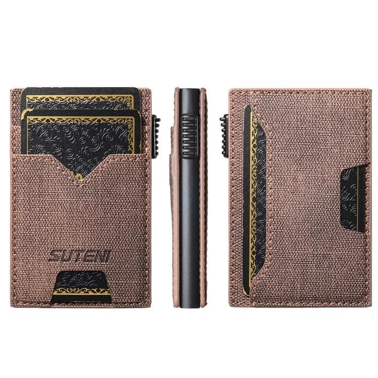 The Suteni denim double-sided card slot button automatically ejects the card box(Brown)
