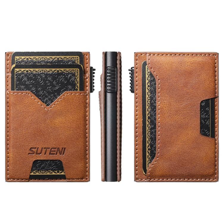 The Suteni denim double-sided card slot button automatically ejects the card box(Brown)