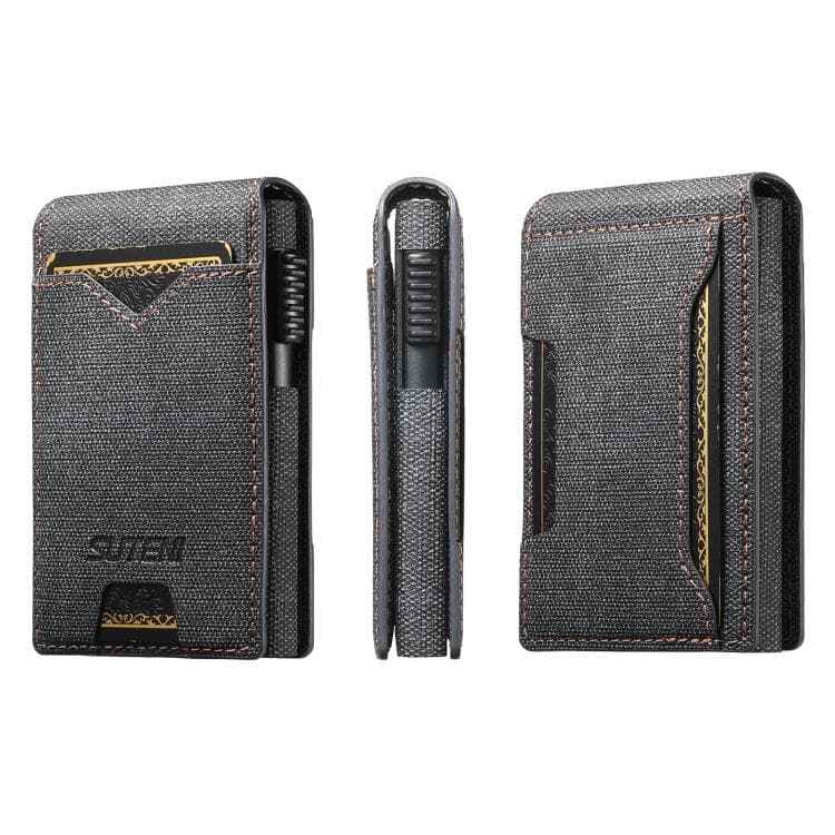 The Suteni denim pattern button automatically pops out the veneered printed card box(Black)