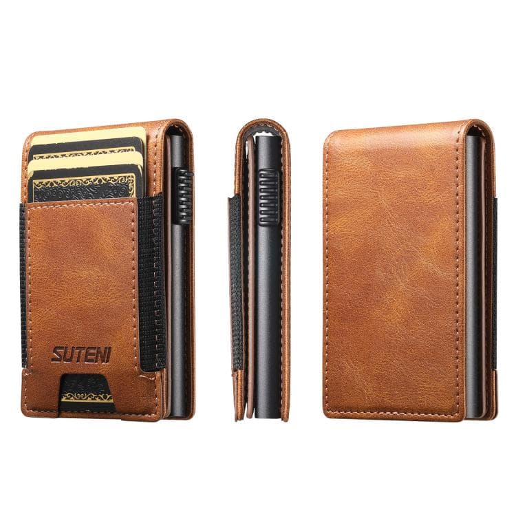 The Suteni oil wax pattern button automatically pops out the elastic band card box(Brown)