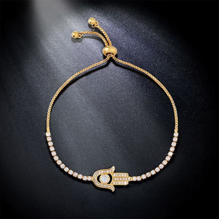 Valentines Day Gift Hamsa Hand Crystal Inlaid Hand Chain Bracelet, Chain Length: 25cm(Gold)