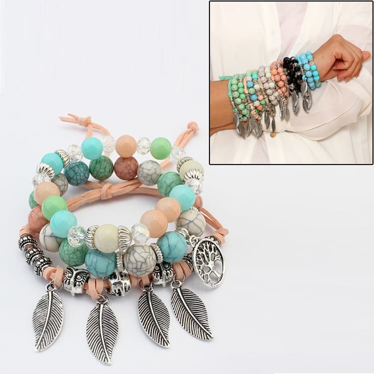 Bracciale Boho con perline di marmo elastiche etniche vintage e foglie (colorato)