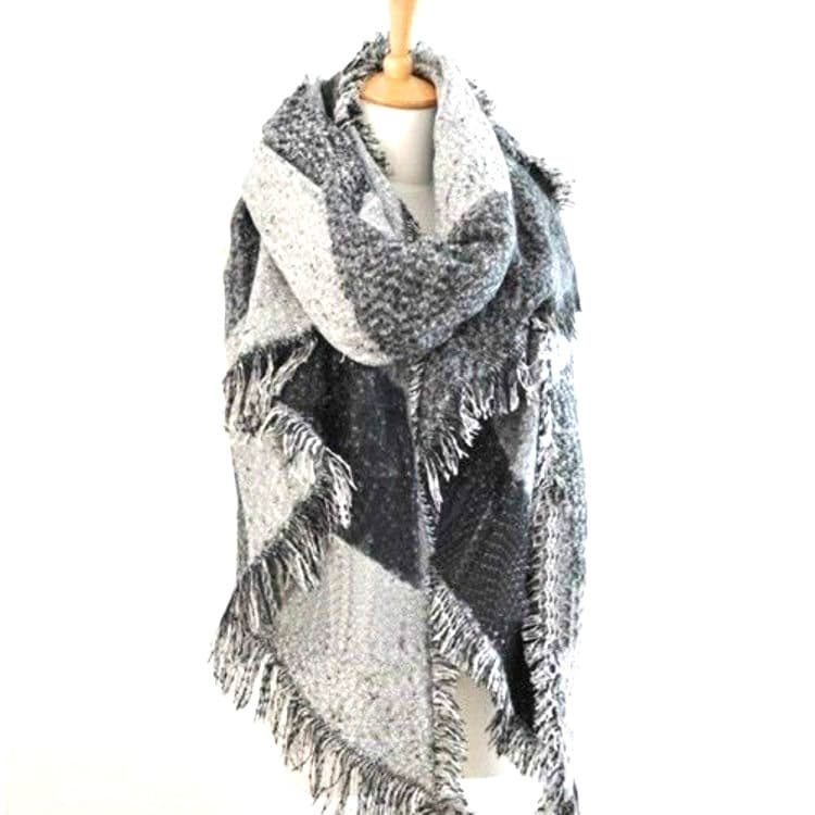 Sciarpa in cashmere beige invernale con motivo a quadri e frange irregolari, taglia: 205 x 65 cm (grigio)