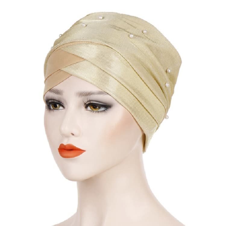 Women Beaded Two-color Turban Hat Bright Silk Cloth Hooded Cap(Beige)