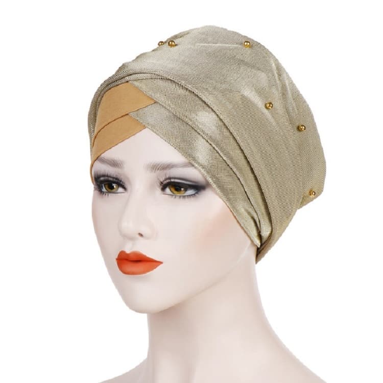 Women Beaded Two-color Turban Hat Bright Silk Cloth Hooded Cap(Beige Yellow)