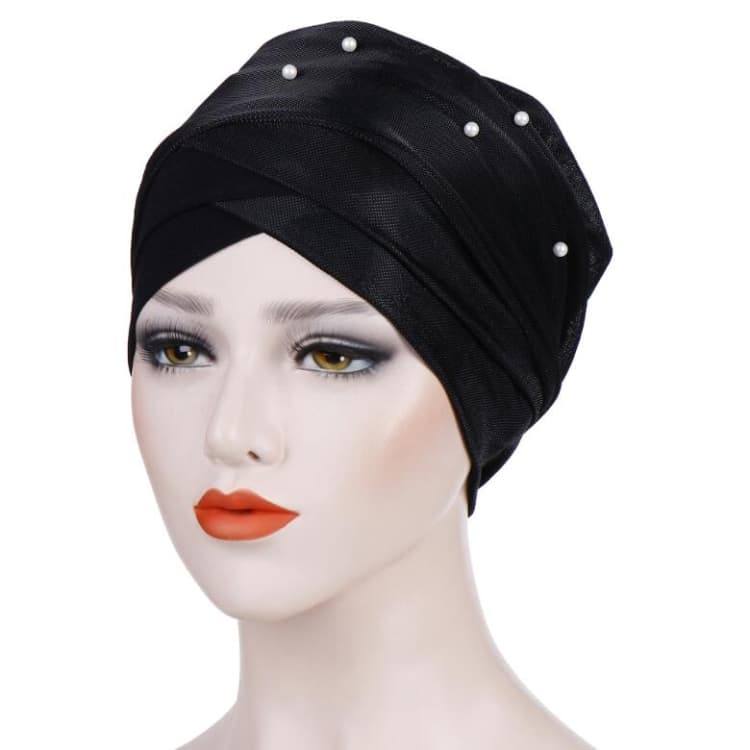 Women Beaded Two-color Turban Hat Bright Silk Cloth Hooded Cap(Black)