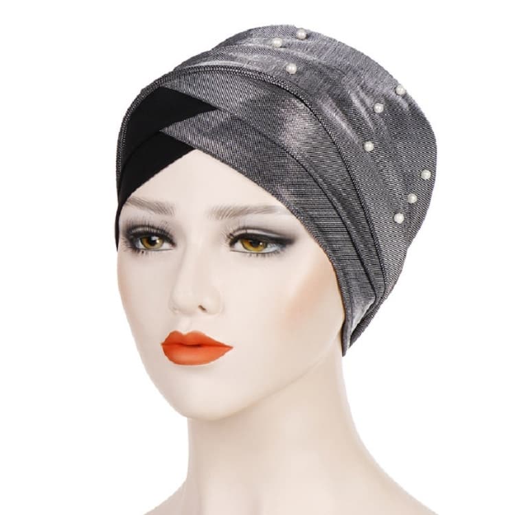 Women Beaded Two-color Turban Hat Bright Silk Cloth Hooded Cap(Gray + Black)