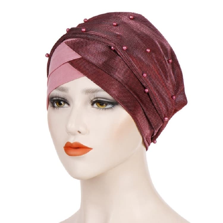 Women Beaded Two-color Turban Hat Bright Silk Cloth Hooded Cap(Hide Powder)