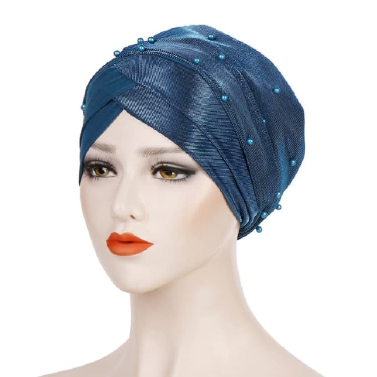 Women Beaded Two-color Turban Hat Bright Silk Cloth Hooded Cap(Lake Blue)